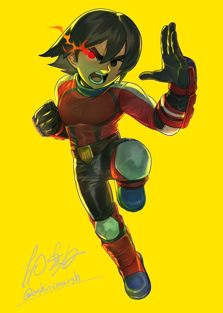 1boy arm_guards belt black_eyes black_gloves black_hair black_pants boots clenched_hand dancho_no_mori eye_trail fighting_stance flaming_eye full_body gloves glowing glowing_eye hair_between_eyes hands_up heterochromia highres knee_pads knee_up leg_up light_trail long_sleeves looking_at_viewer male_focus mii_brawler mii_brawler_(smash_ultimate) nintendo no_sclera open_hand pants red_boots red_eyes red_shirt red_sweater shirt short_hair simple_background solo standing standing_on_one_leg super_smash_bros. sweater teeth v-shaped_eyebrows yellow_background yellow_light