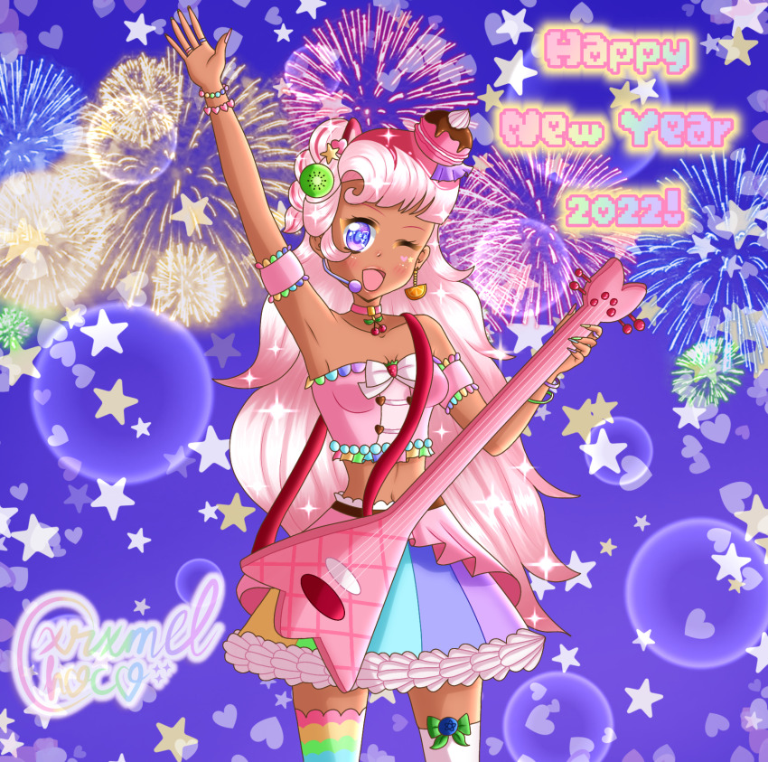 1girl 2022 alternate_costume arm_up armpits artist_name bare_shoulders blue_background blue_eyes blue_nails blueberry blush bow bracelet breasts cherry chest_bow choker cleavage commentary cookie_run cookie_run:_kingdom costume cowboy_shot crop_top cxrxmelchoco dark-skinned_female dark_skin detached_sleeves earrings electric_guitar english_commentary facial_mark fingernails fireworks food food-themed_clothes food-themed_earrings food-themed_hair_ornament fruit green_bow green_nails guitar guitar_strap hair_ornament half_updo happy_new_year headset heart heart_facial_mark heavy_lens_flare highres holding holding_guitar holding_instrument humanization instrument jewelry kiwi_(fruit) lace lace-trimmed_skirt lace_trim lens_flare lipstick long_fingernails long_hair looking_at_viewer macaron makeup medium_breasts miniskirt mismatched_thighhighs multicolored_eyes multicolored_hair multiple_rings musical_note musical_note_in_eye nail_polish new_year one_eye_closed open_mouth orange_(fruit) overskirt parfait_cookie pink_choker pink_eyes pink_hair pink_nails pink_overskirt ponytail purple_nails rainbow_skirt rainbow_text rainbow_thighhighs ring shirt showgirl_skirt sideboob single_earring skirt smile sparkle star_(symbol) star_facial_mark strapless strapless_shirt strawberry strawberry_syrup streaked_hair striped_clothes striped_thighhighs symbol_in_eye thighhighs two-tone_eyes two-tone_hair very_long_hair watermark whipped_cream white_bow white_hair white_thighhighs yellow_nails