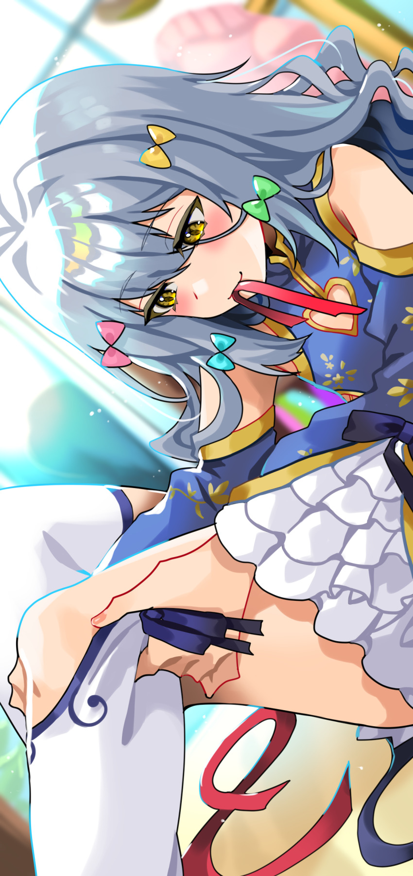 1boy absurdres adjusting_clothes adjusting_legwear blue_dress blush cleavage_cutout clothing_cutout dress grey_hair heart_cutout highres holding holding_ribbon inuyama_tamaki inuyama_tamaki_(5th_costume) kamo860 long_hair looking_at_viewer mouth_hold noripro official_alternate_costume red_ribbon ribbon solo thighhighs trap virtual_youtuber white_thighhighs yellow_eyes