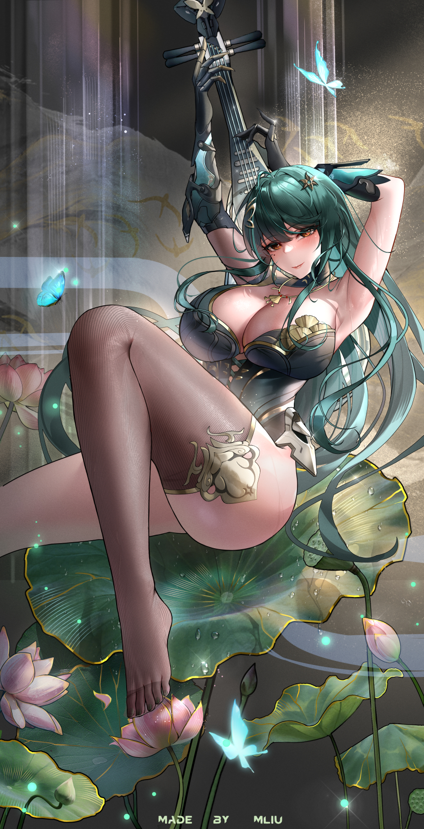 1girl absurdres armpits black_gloves breasts brown_thighhighs cleavage elbow_gloves flower foot_out_of_frame gloves gold_trim green_hair hanying_(pgr) highres huge_breasts long_hair looking_at_viewer lotus mole mole_under_eye orange_eyes punishing:_gray_raven smll233 solo thighhighs very_long_hair