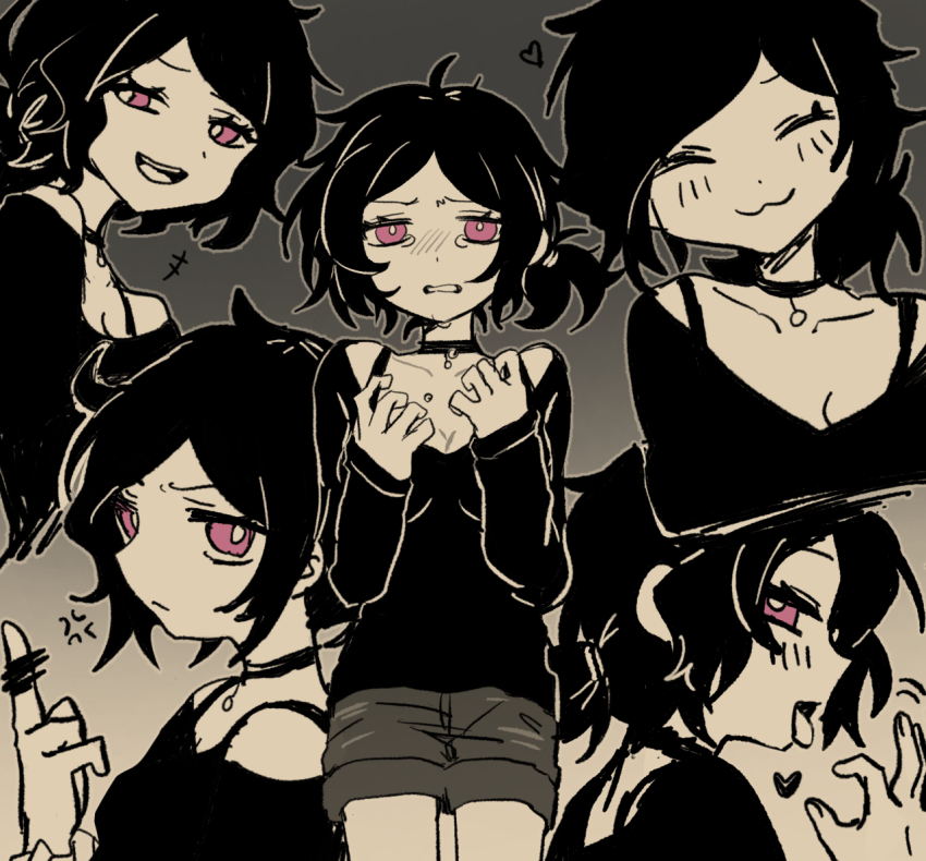 +++ 1girl :3 :d ^_^ anger_vein annoyed ashley_graves bar_censor bare_shoulders breasts bright_pupils censored choker cleavage closed_eyes closed_mouth collarbone commentary cowboy_shot cropped_torso denim denim_shorts english_commentary facing_viewer fellatio_gesture fingernails gradient_background grey_background grey_outline greyscale half-closed_eyes hands_up heart long_sleeves looking_at_viewer low_ponytail middle_finger migimiya_yoru mixed-language_commentary monochrome multiple_views open_mouth outline pink_eyes pointless_censoring ponytail profile shirt short_hair shorts simple_background smile spot_color standing tearing_up teeth the_coffin_of_andy_and_leyley tongue tongue_out upper_teeth_only v-shaped_eyebrows