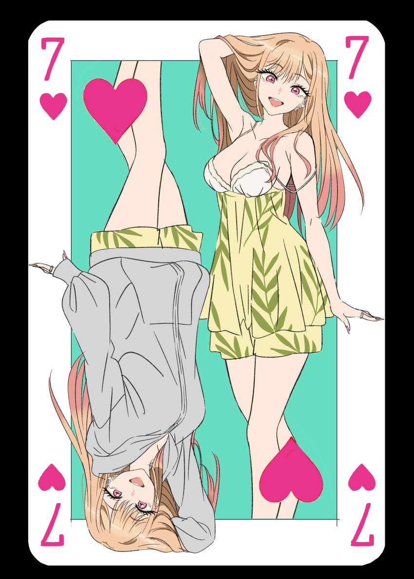 1girl absurdres arm_up barbell_piercing bare_legs bare_shoulders blonde_hair card ear_piercing episode_number fake_nails hand_in_own_hair heart heart_card highres hood hoodie jewelry kitagawa_marin multicolored_hair official_art piercing pink_hair playing_card red_eyes ring smile sono_bisque_doll_wa_koi_wo_suru yamazaki_jun