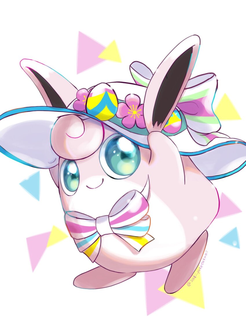 animal_focus animal_hands blue_eyes bow closed_mouth clothed_pokemon creatures_(company) easter_egg egg flower full_body game_freak gen_1_pokemon hat highres looking_at_viewer multicolored_bow nintendo no_humans oversized_hat pink_flower pink_fur pokemon pokemon_(creature) pokemon_unite saki_pokeoekaki simple_background smile solo standing white_background white_hat wigglytuff wigglytuff_(pastel)