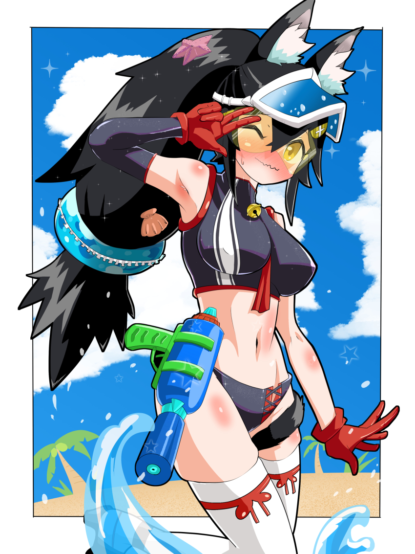 1girl absurdres adapted_costume alternate_costume animal_ear_fluff animal_ears beach bikini bikini_bottom_only blush breasts covered_erect_nipples crop_top detached_sleeves embarrassed full-face_blush gloves highres hololive holstered kani_bonara long_hair low-tied_long_hair medium_breasts ocean ookami_mio palm_tree ponytail red_gloves shell_hair_ornament single_detached_sleeve skindentation solo summer sunglasses swimsuit tail tail_around_own_leg tail_wrap thighhighs tree virtual_youtuber visor_cap water_gun wavy_mouth wolf_ears wolf_girl yellow_eyes