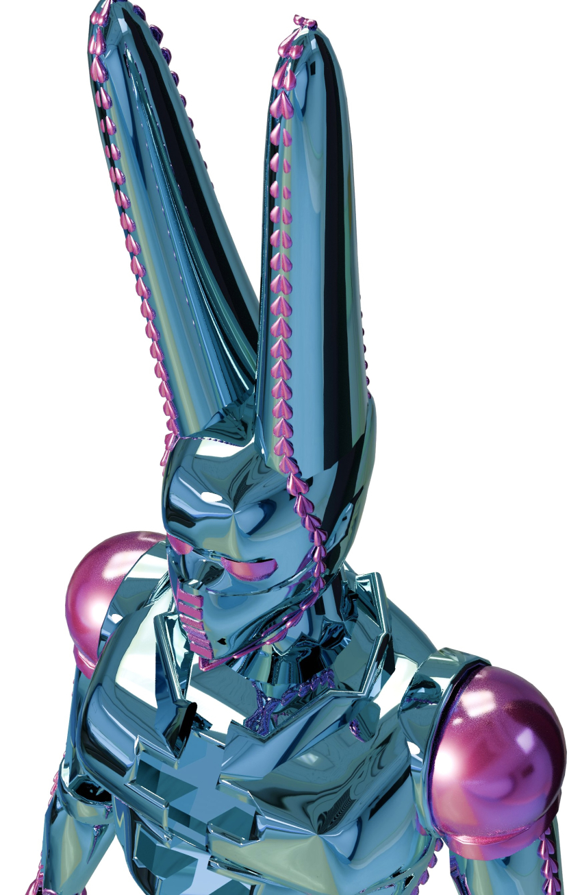 3d absurdres commentary dirty_deeds_done_dirt_cheap from_above highres jojo_no_kimyou_na_bouken no_humans pink_eyes reflective_surface simple_background solo stand_(jojo) steel_ball_run uu0000322 very_long_ears white_background