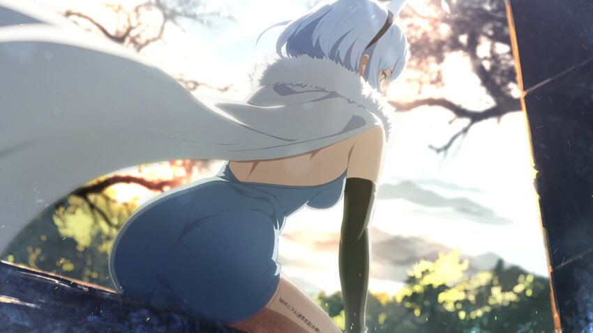 1girl ahonoko ass back bare_shoulders black_hairband blue_dress blue_eyes blue_hair blurry blurry_background body_writing branch cape day dress dutch_angle elbow_gloves fire_emblem from_behind fur-trimmed_cape fur_trim gloves hairband highres leaf medium_hair nifl_(fire_emblem) nintendo outdoors short_dress sitting strapless strapless_dress sunlight translation_request tree white_cape