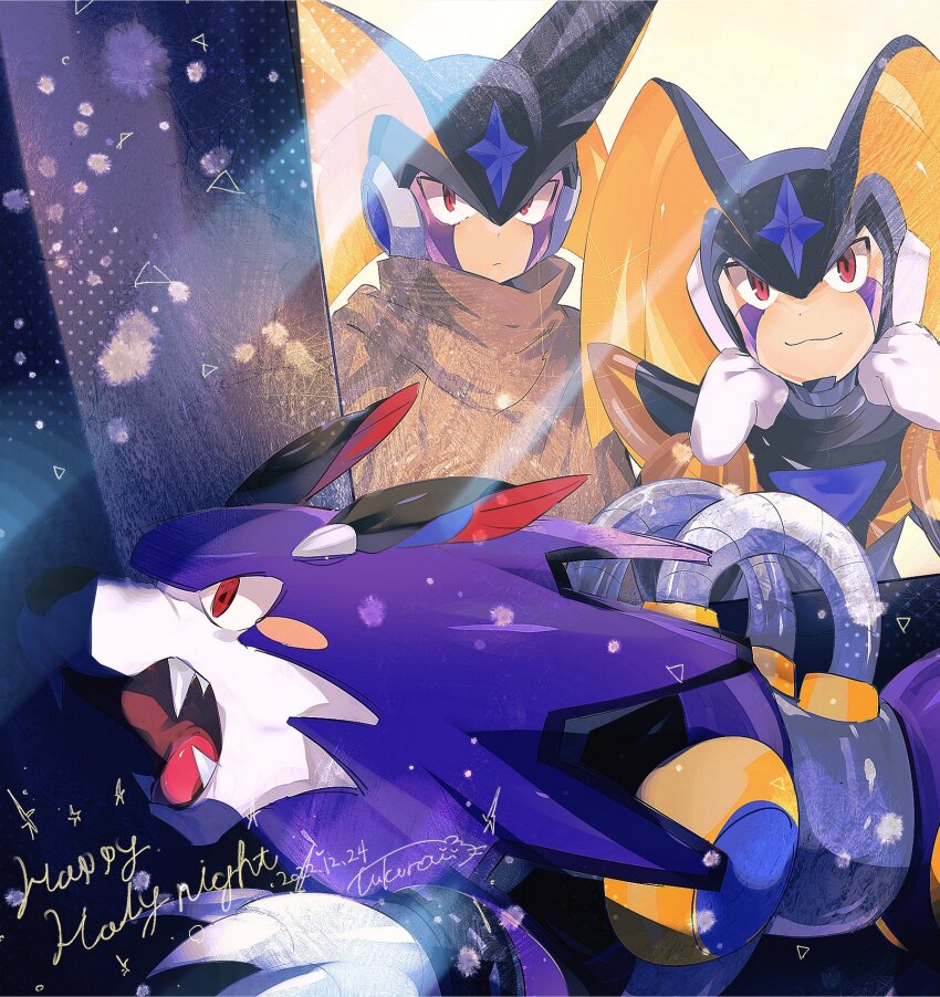 2boys armor baron-0628 bass.exe_(mega_man) bass_(mega_man) black_armor black_helmet brown_cloak chest_jewel cloak forehead_jewel helmet highres in-franchise_crossover mega_man_(classic) mega_man_(series) mega_man_battle_network_(series) multiple_boys name_connection non-humanoid_robot red_eyes robot robot_animal robot_dog treble_(mega_man)