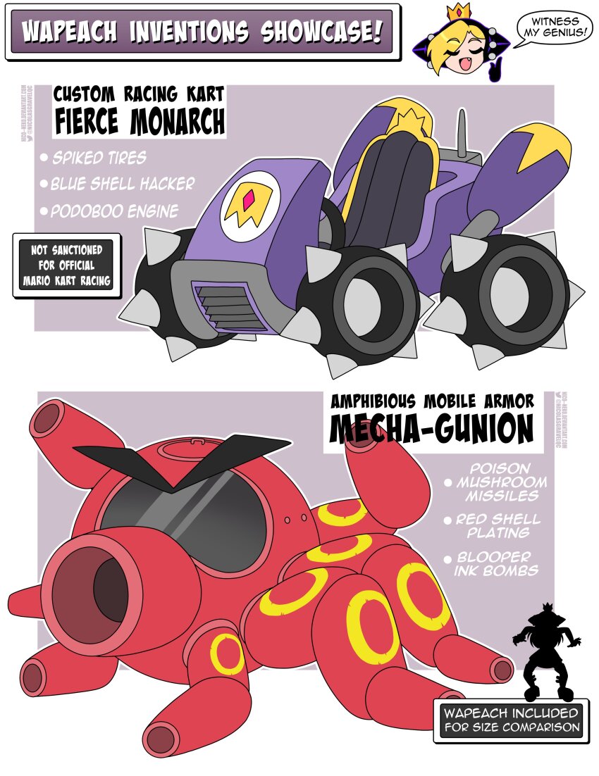 1girl absurdres arm_cannon black_hood blonde_hair chibi closed_eyes crown fang go-kart gunion hair_over_one_eye highres hood hood_up index_finger_raised mario_(series) mario_kart mario_power_tennis mario_tennis mecha mini_crown nico-neko nintendo octopus open_mouth purple_hood robot smile solo spiked_tire spiked_wheel super_mario_land turbine warupeach weapon