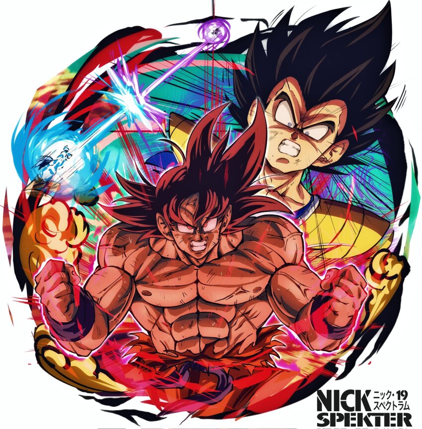 2boys aura black_hair clenched_hands clenched_teeth dragon_ball dragonball_z energy_beam galick_gun highres kaiouken kamehameha_(dragon_ball) male_focus multiple_boys muscular muscular_male nickelespektro parted_lips saiyan_armor son_goku surprised teeth topless_male upper_body vegeta