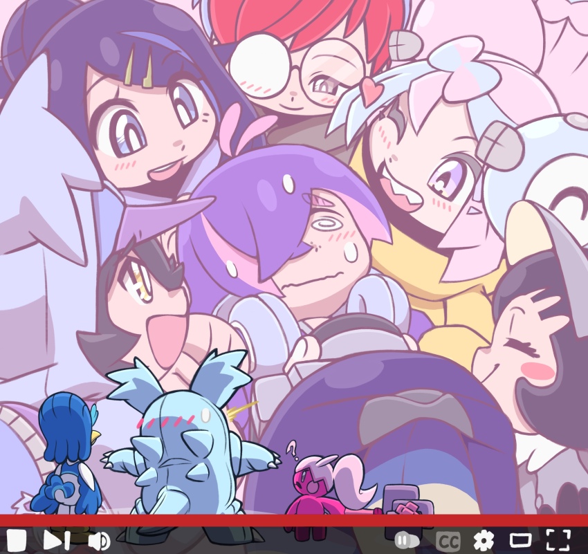 absurdres baseball_cap black_gloves black_hair black_hoodie blue_eyes blue_hair blush blush_stickers bonnet bow-shaped_hair camera character_hair_ornament closed_eyes closed_mouth colored_inner_hair dot_(pokemon) dress eyelashes fake_hair_bun gen_1_pokemon glasses gloves green_hair_ornament grey_dress grey_eyes hair_bun hair_ornament hair_over_eyes hairclip hat headphones heart highres holding holding_camera hood hood_up hoodie icydirtball iono_(pokemon) jacket light_smile liko_(pokemon) long_hair long_sleeves magnemite mascot_costume meme multicolored_hair multiple_girls nervous_sweating nidothing nintendo nyabiko_(pokemon) open_clothes open_mouth oversized_clothes penny_(pokemon) perrin_(pokemon) photographer pink_hair pokemon pokemon_(anime) pokemon_(creature) pokemon_horizons pokemon_sv ponytail poppy_(pokemon) purple_bag purple_hair quaxwell red_hair round_eyewear sharp_teeth short_hair short_ponytail smile sonic_surrounded_by_amy_plush_dolls_(meme) split-color_hair surprised sweat teeth tinkatuff two-tone_hair visor_cap white_nails yellow_eyes yellow_jacket
