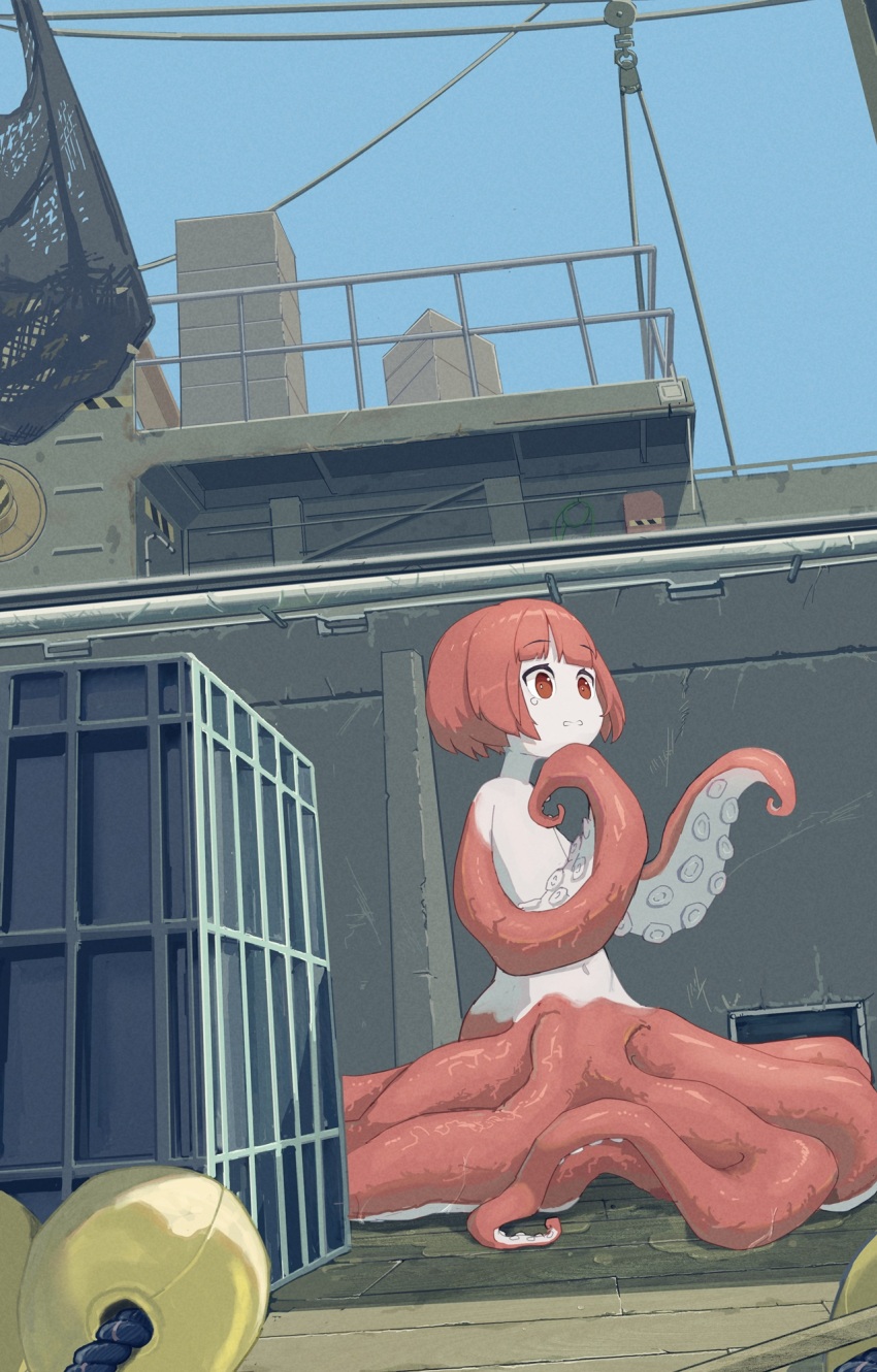 1girl blue_sky bob_cut borrowed_character bouhuman commentary_request commission day flat_chest highres monster_girl navel no_nipples on_ship original pale_skin railing red_eyes red_hair scylla shipping_container skeb_commission sky solo suction_cups tentacles wet worried