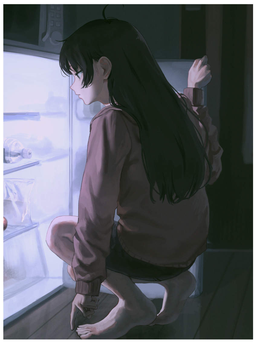 1girl absurdres barefoot black_hair black_shorts from_side hair_behind_ear hair_between_eyes highres kyano_(kyanora3141) long_hair original pink_sweater refrigerator_interior shorts sidelocks squatting sweater