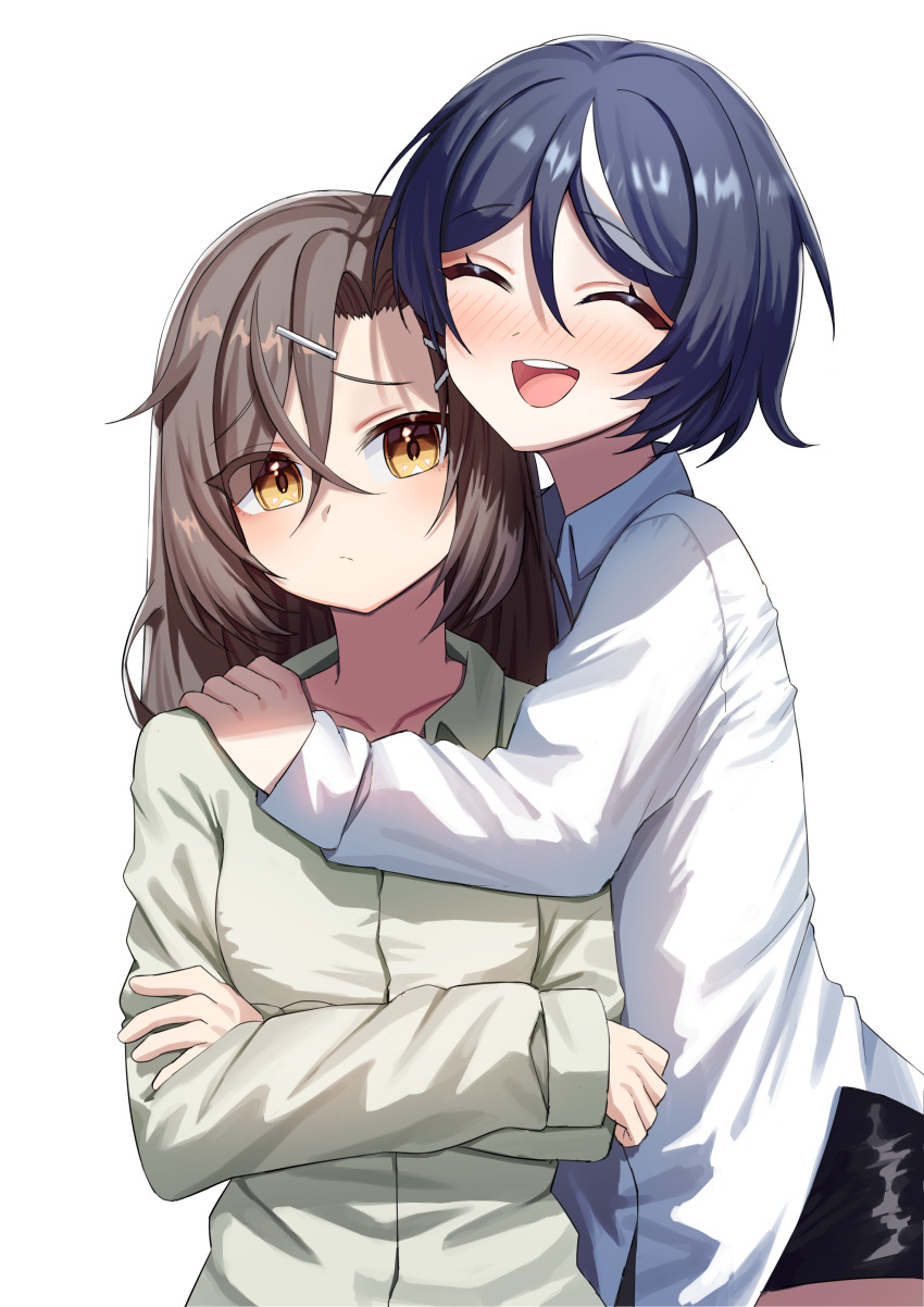 2girls :d ^_^ absurdres black_shorts blue_hair blush brown_eyes brown_hair christina_brecht closed_eyes collared_shirt commentary commission counter:side crossed_arms crossed_bangs dark_blue_hair furrowed_brow green_shirt hair_between_eyes hair_ornament hairclip highres hug hug_from_side jinggun long_sleeves looking_at_viewer medium_hair multicolored_hair multiple_girls nose_blush open_mouth parted_bangs revenant_(counter:side) shirt short_shorts shorts simple_background smile streaked_hair teeth upper_teeth_only white_background white_hair white_shirt