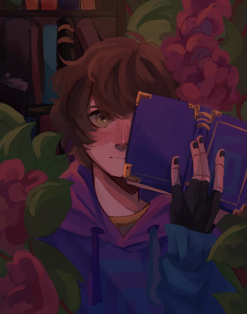 1boy absurdres animification black_nails blush book bookshelf brown_eyes brown_hair dream_smp fingerless_gloves flower gloves highres holding holding_book hood hood_down hoodie karl_jacobs looking_at_viewer male_focus minecraft_youtube multicolored_hoodie solo spiral tales_from_the_smp vellzyx