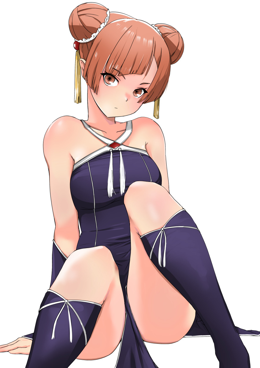1girl absurdres bare_shoulders black_boots black_robe blunt_bangs boots breasts collarbone diagonal_bangs dress hair_ornament highres knee_boots laufen_(sousou_no_frieren) light_brown_eyes medium_breasts orange_hair p.i.t.d robe sitting sleeveless sleeveless_dress solo sousou_no_frieren