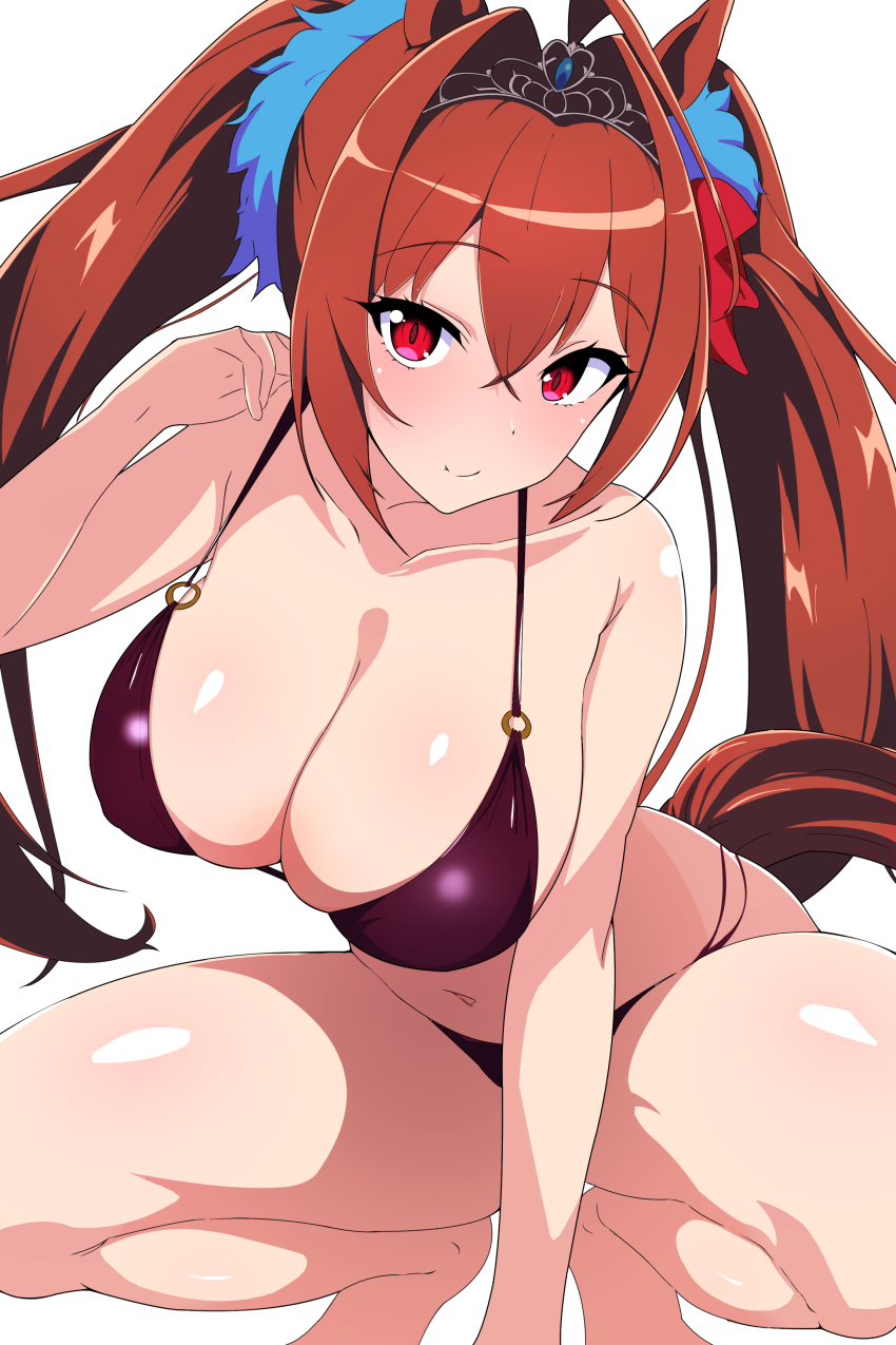 1girl absurdres ahoge animal_ears bare_legs bikini blue_gemstone blush breasts closed_mouth commentary_request crossed_bangs daiwa_scarlet_(umamusume) gem hair_intakes highres horse_ears horse_girl ice_nine large_breasts long_hair looking_at_viewer navel o-ring o-ring_bikini orange_hair purple_eyes red_eyes sidelocks simple_background smile solo squatting swimsuit tiara twintails umamusume white_background