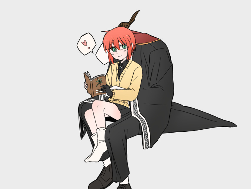 1boy 1girl absurdres animal_head animal_skull black_coat black_footwear black_hands black_pants bolo_tie book closed_mouth coat colored_extremities delfuze elias_ainsworth from_side green_eyes grey_background hatori_chise heart highres holding holding_book horns interspecies invisible_chair long_sleeves mahou_tsukai_no_yome medium_hair pants red_hair shoes simple_background sitting skull_head smile socks spoken_heart sweater white_socks yellow_sweater