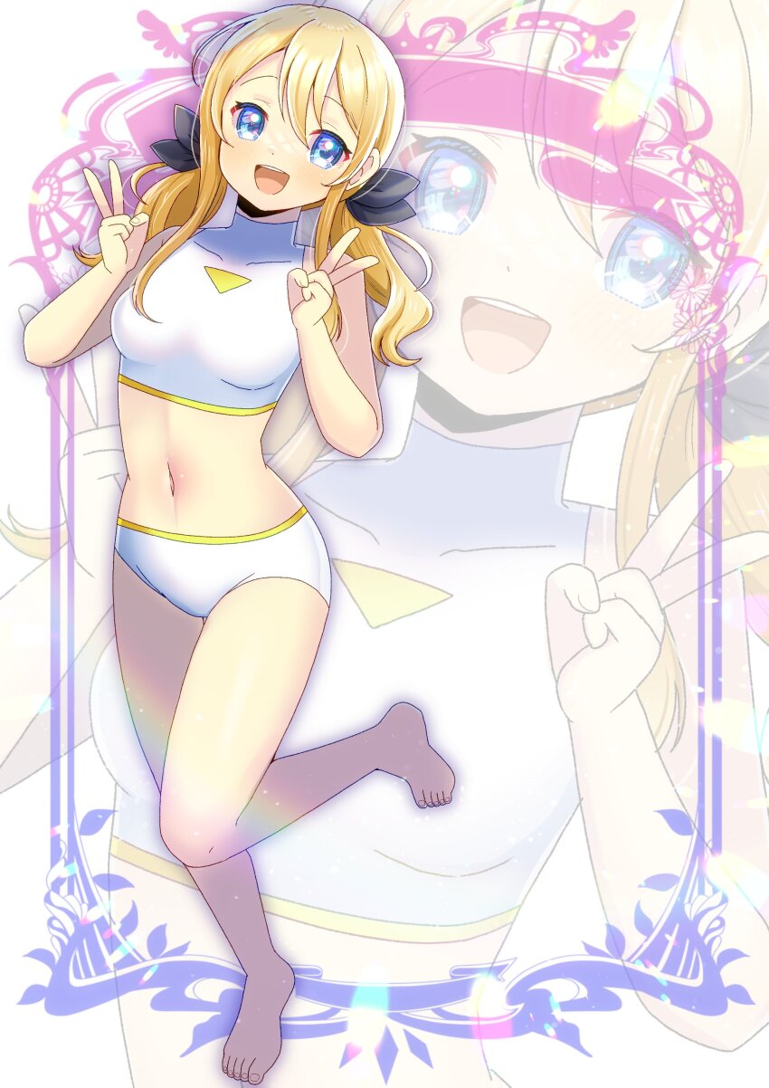 1girl :d absurdres barefoot blonde_hair blue_eyes bra breasts commentary_request commission copyright_request double_v hands_up highres kou_hiyoyo looking_at_viewer medium_breasts multiple_views navel open_mouth panties skeb_commission smile standing standing_on_one_leg teeth toes twintails underwear underwear_only upper_teeth_only v white_background white_bra white_panties zoom_layer