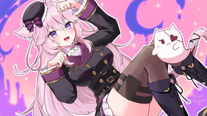 0_sakana_san 1girl absurdres animal_ears belt black_belt black_boots black_dress boots breasts buttons cat_ears cat_girl cat_tail double-breasted dress frilled_dress frills grey_hair highres indie_virtual_youtuber lace-up_boots large_breasts long_sleeves medium_breasts nyatasha_nyanners nyatasha_nyanners_(commander_cat) open_mouth paw_pose purple_eyes smile sparkle tail thighhighs virtual_youtuber