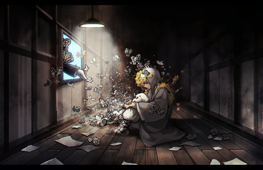 1boy 1girl black_butterfly black_coat bug butterfly closed_mouth coat dongbaek_(project_moon) e.g.o_(project_moon) flaw_eight grey_coat indoors insect knees_up korean_clothes lamp limbus_company lobotomy_corporation_(identity)_(project_moon) long_sleeves pants project_moon short_hair sitting smokey_old_man solemn_lament_(e.g.o) spicebush_(e.g.o) white_butterfly white_hair white_pants wide_sleeves yellow_eyes yi_sang_(project_moon)