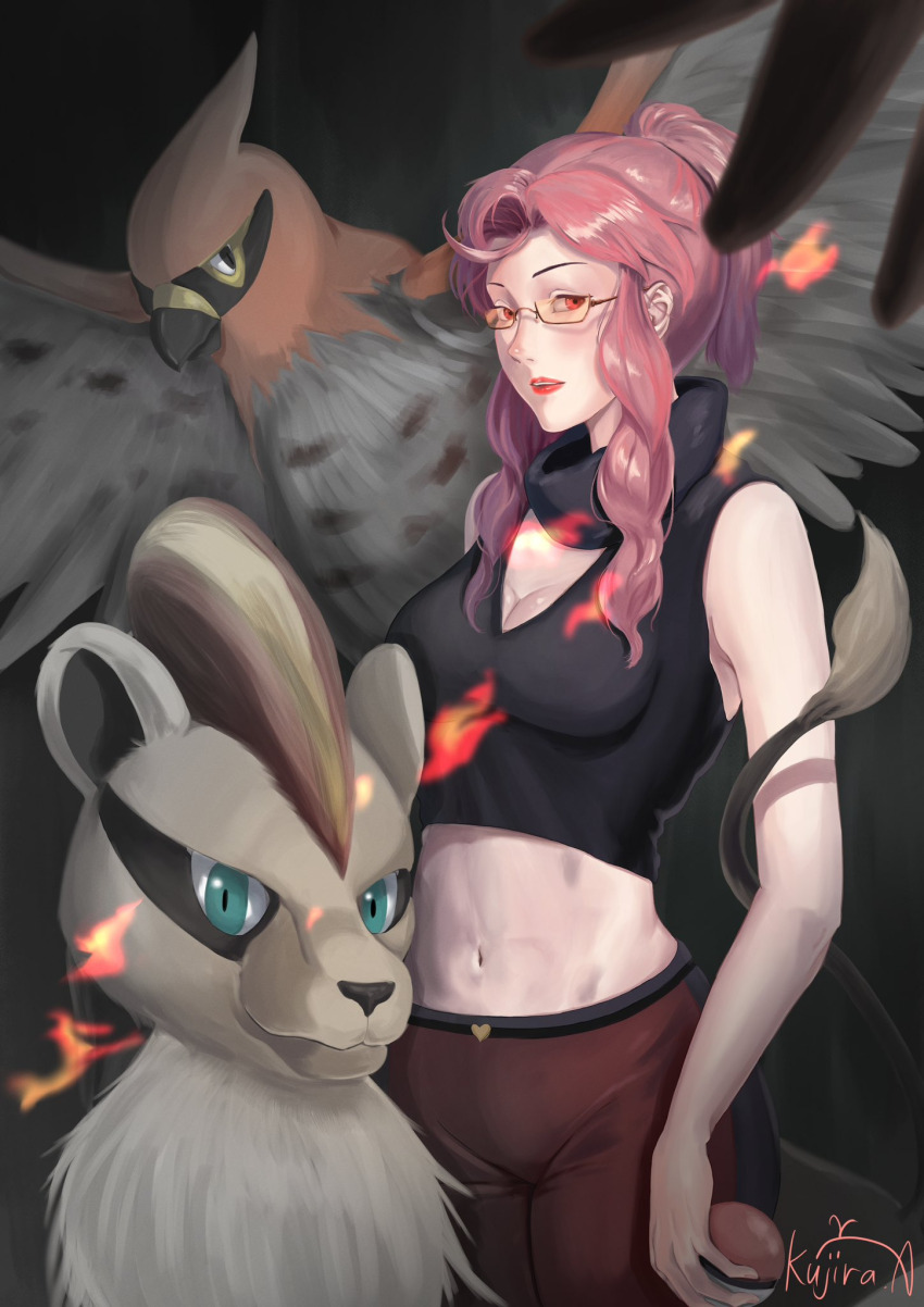 1girl 2others belt black_background blue_eyes breasts cleavage crop_top fire gen_6_pokemon glasses highres malva_(pokemon) matching_hair/eyes medium_breasts midriff multiple_others navel nintendo pink_eyes pink_hair poke_ball pokemon pokemon_xy pyroar pyroar_(female) sleeveless tail talonflame tinted_eyewear