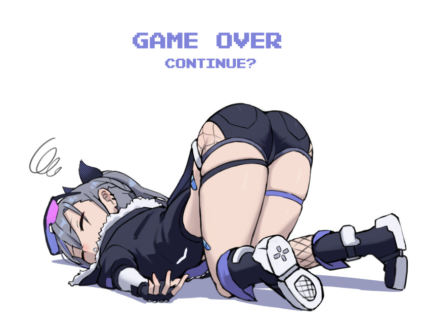 1girl absurdres ass bandaid bandaid_on_leg black_gloves black_jacket black_shoes black_shorts closed_eyes defeat earrings eyewear_on_head fishnet_shorts fishnet_socks fishnets fur-trimmed_jacket fur_trim game_over gloves gradient-tinted_eyewear grey_hair grimmelsdathird highres honkai:_star_rail honkai_(series) jacket jewelry long_hair ponytail purple-tinted_eyewear shoes shorts silver_wolf_(honkai:_star_rail) socks thigh_strap tinted_eyewear top-down_bottom-up