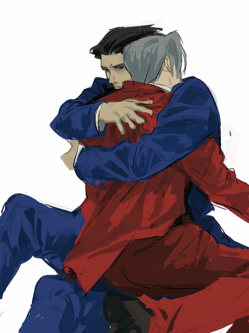 2boys ace_attorney black_hair black_shoes blue_jacket blue_pants blue_suit brown_eyes closed_mouth feet_out_of_frame formal_clothes grey_hair highres hug jacket layered_sleeves long_sleeves male_focus miles_edgeworth multiple_boys pants phoenix_wright red_jacket red_pants red_suit shoes short_hair simple_background sitting sotenborii suit suit_jacket white_background yaoi