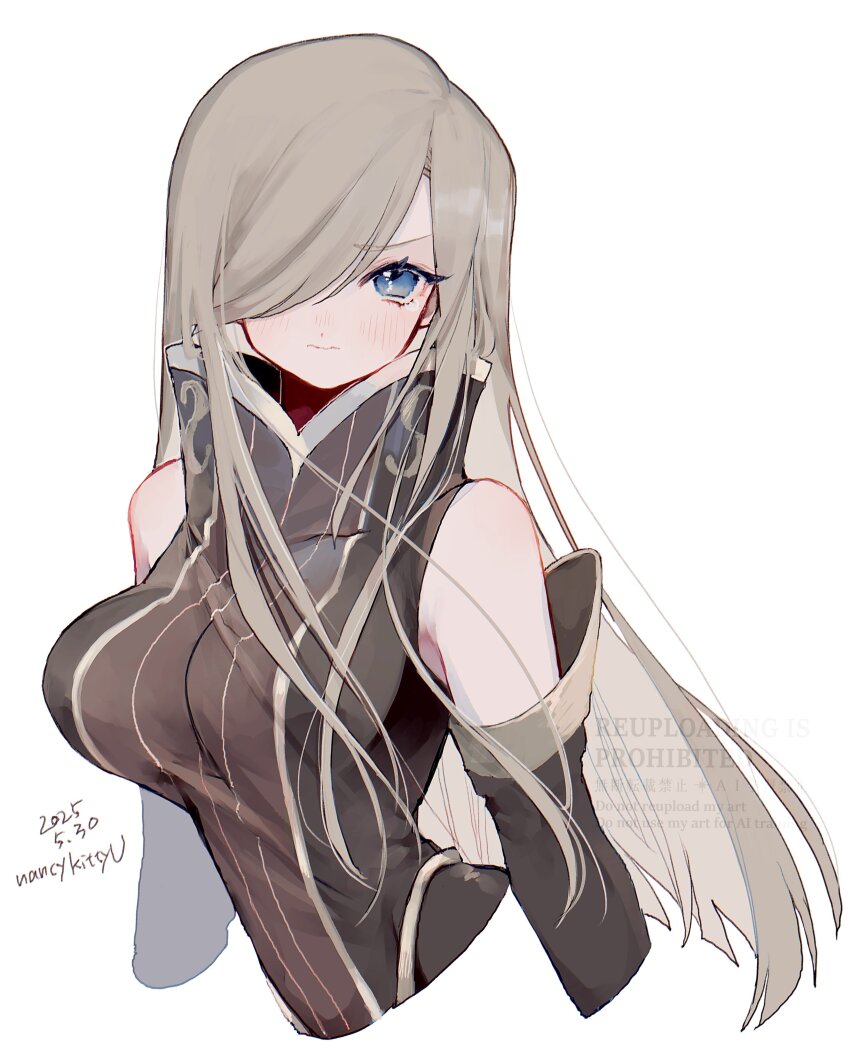 1girl absurdres armpit_crease bare_shoulders blue_eyes breasts brown_dress brown_hair brown_sleeves closed_mouth commentary_request cropped_torso dated detached_sleeves dress hair_over_one_eye high_collar highres large_breasts light_blush long_hair looking_at_viewer nancykittyu sidelocks sleeveless sleeveless_dress solo straight_hair swept_bangs tales_of_(series) tales_of_the_abyss tear_grants upper_body white_background