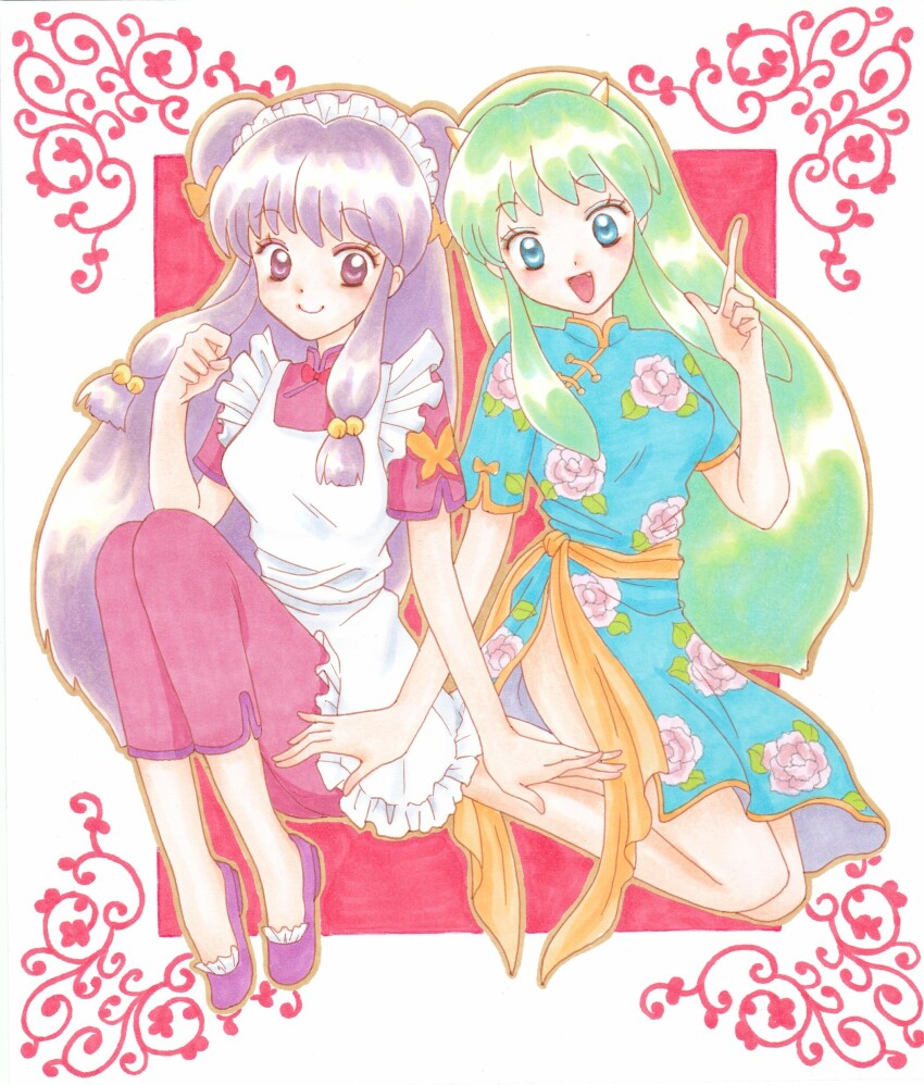 2girls absurdres apron bad_id bad_pixiv_id blue_dress blue_eyes bow china_dress chinese_clothes crossover double_bun dress fang floral_print green_hair hair_bow hair_bun highres horns long_hair lum maid_apron maid_headdress multiple_girls open_mouth pants pink_pants pink_shirt purple_hair ranma_1/2 rem_(rem-slime) shampoo_(ranma_1/2) shirt side_slit sidelocks smile urusei_yatsura white_apron
