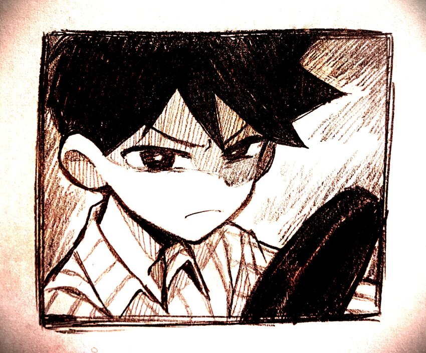 1boy angry closed_mouth frying_pan greyscale hero_(headspace)_(omori) hero_(omori) highres holding holding_frying_pan long_sleeves male_focus monochrome nicome_02 omori pajamas short_hair upper_body