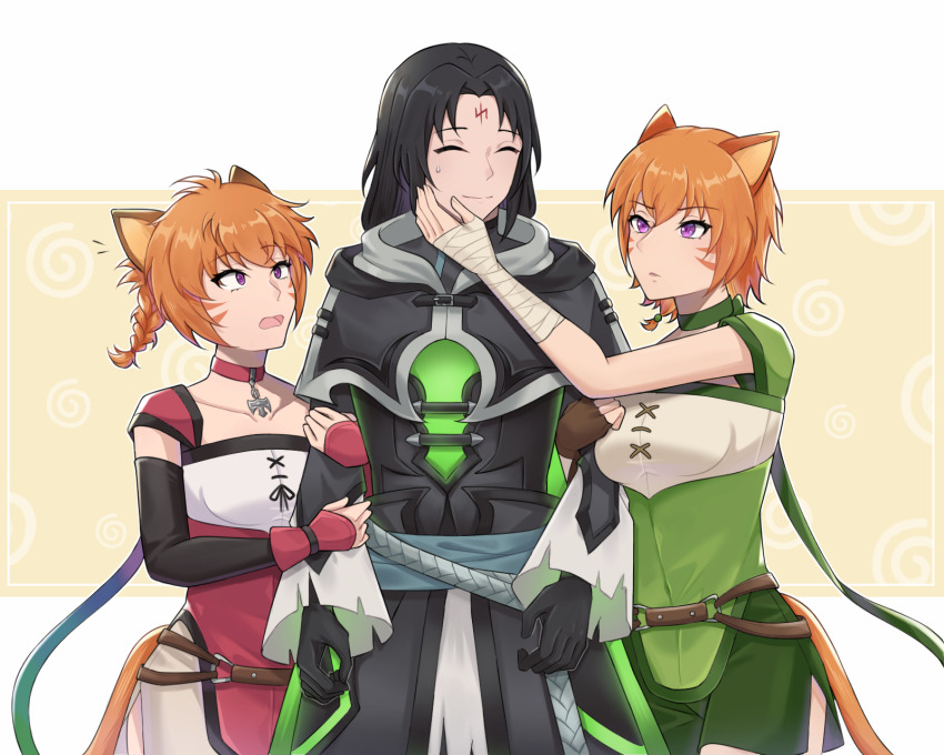1boy 2girls animal_ears black_gloves black_hair braid cat cat_ears cat_girl cat_tail closed_eyes collar commission commissioner_upload facepaint fire_emblem fire_emblem:_path_of_radiance fire_emblem:_radiant_dawn fire_emblem_heroes gloves hand_on_another&#039;s_face hand_wraps highres holding_another&#039;s_arm lethe_(fire_emblem) lyre_(fire_emblem) multiple_girls nintendo official_alternate_costume orange_hair purple_eyes siblings simple_background sisters soren_(fire_emblem) soren_(resplendent)_(fire_emblem) sweatdrop tail twins witchi worried