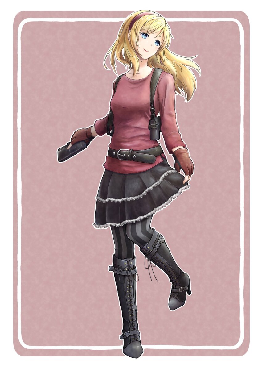 1girl belt black_skirt blonde_hair blue_eyes boots breasts closed_mouth end_of_eternity fingerless_gloves full_body gloves gun hairband handgun high_heel_boots high_heels highres holding holding_gun holding_weapon jungo_yquinone long_hair pantyhose reanbell skirt smile solo striped_clothes striped_pantyhose thigh_boots weapon
