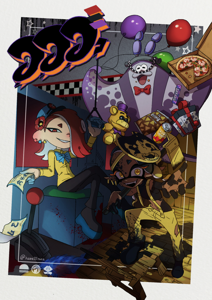 1boy 2girls animal_ears axe bendy_and_the_ink_machine bendy_cutout big_man_(splatoon) bonnie_(fnaf) bonnie_(fnaf)_(cosplay) box cosplay fake_animal_ears fire_axe five_nights_at_freddy&#039;s food frye_(splatoon) gift gift_box golden_freddy highres holding holding_ticket huggy_wuggy ink inkling lever manta_ray multiple_girls nintendo noii octoling pizza poppy_playtime rabbit_ears sammy_lawrence sammy_lawrence_(cosplay) shiver_(splatoon) splatoon_(series) splatoon_3 stuffed_animal stuffed_toy teddy_bear ticket wooden_floor
