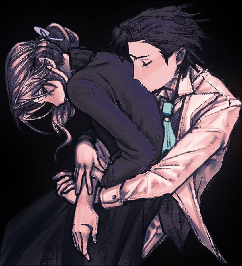 1boy 1girl alice_deross ascot beijingban18388 black_background chinese_commentary closed_eyes commentary_request greyscale highres hug hug_from_behind identity_v lapels large_variant_set long_hair long_sleeves monochrome notched_lapels orpheus_(identity_v) shirt short_hair skirt sweater turtleneck turtleneck_sweater variant_set