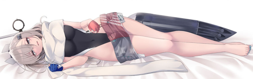 1girl american_flag american_flag_print american_flag_skirt barefoot black_one-piece_swimsuit blue_gloves blush breasts clothes_pull commentary_request covered_navel dakimakura_(medium) denim denim_skirt flag_print full_body gloves grey_eyes grey_hair hair_ornament headgear highleg highleg_one-piece_swimsuit kantai_collection kochipu long_hair looking_at_viewer lying on_side one-piece_swimsuit open_mouth partially_fingerless_gloves print_skirt red_gloves scarf simple_background skirt solo swimsuit torpedo_launcher two-tone_one-piece_swimsuit wahoo_(kancolle) white_scarf