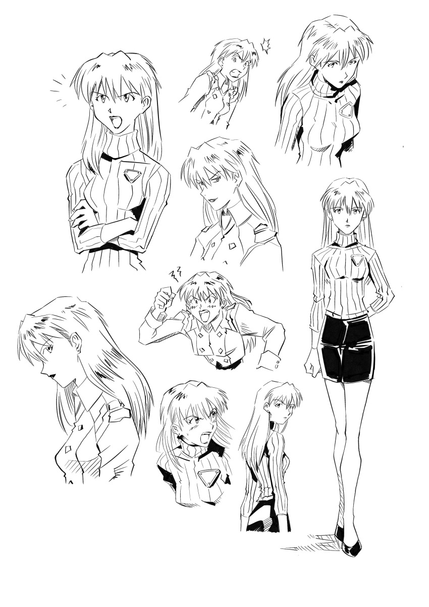 1girl absurdres angry arm_behind_back badge bare_legs black_shoes black_skirt blush breasts clone closed_mouth collared_jacket crossed_arms earrings frown greyscale grin hair_between_eyes hair_over_shoulder hand_up high_heels highres jacket jewelry legs lipstick long_hair looking_at_viewer looking_back looking_to_the_side makeup mature_female military_jacket miniskirt monochrome mra_artworks neon_genesis_evangelion open_mouth pencil_skirt profile reference_sheet shoes shouting simple_background skirt smile smirk souryuu_asuka_langley stud_earrings surprised sweater talking teeth thighs turtleneck turtleneck_sweater walking white_background