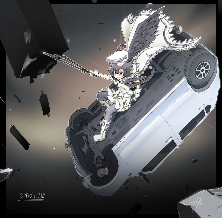 1girl asako_koito car debris destruction gloves grey_eyes grey_hair hat_feather highres holding holding_weapon lying magical_girl mahou_shoujo_madoka_magica mahou_shoujo_oriko_magica medium_hair motor_vehicle solo sonohi210 weapon wind