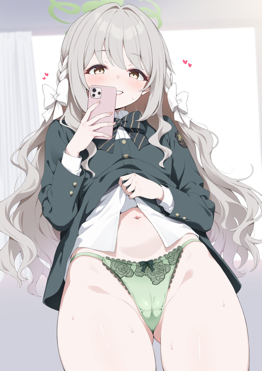 1girl absurdres blue_archive blush bow bowtie breasts bushinofuji buttons cellphone clothes_lift commentary_request diagonal-striped_bow diagonal-striped_bowtie diagonal-striped_clothes gluteal_fold green_halo green_panties grey_hair grin hair_bow halo heart highres holding holding_phone jacket lifting_own_clothes long_hair long_sleeves looking_at_viewer miyo_(blue_archive) navel no_pants panties phone shirt shirt_lift smartphone smile solo stomach striped_bow striped_bowtie striped_clothes thighs underwear white_bow white_shirt