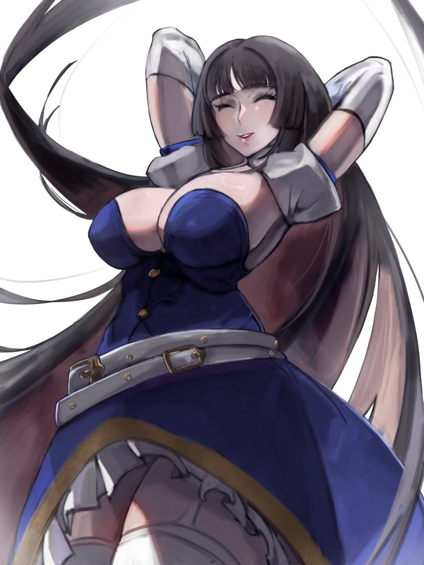 1girl absurdres arms_up arupg belt black_hair blunt_bangs breasts cleavage closed_eyes dress elbow_gloves gloves highres hime_cut kaguya_jingu large_breasts long_hair loose_belt multiple_belts open_mouth simple_background smile solo under_night_in-birth under_night_in-birth_2_sys:celes very_long_hair white_gloves