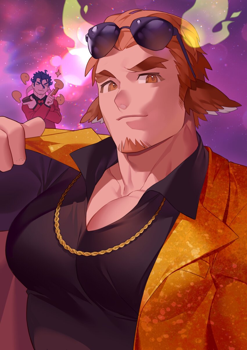 1boy absurdres adam&#039;s_apple alternate_costume alternate_hairstyle animal_ears bara brown_hair character_request clothes_lift cow_boy cow_ears cow_horns facial_hair forked_eyebrows glowing_horns goatee highres horns jacket jacket_lift large_pectorals looking_at_viewer male_focus muscular muscular_male orange_suit p3ta_(yio) pectoral_cleavage pectorals short_hair smile solo_focus thick_eyebrows tokyo_houkago_summoners upper_body wakan_tanka