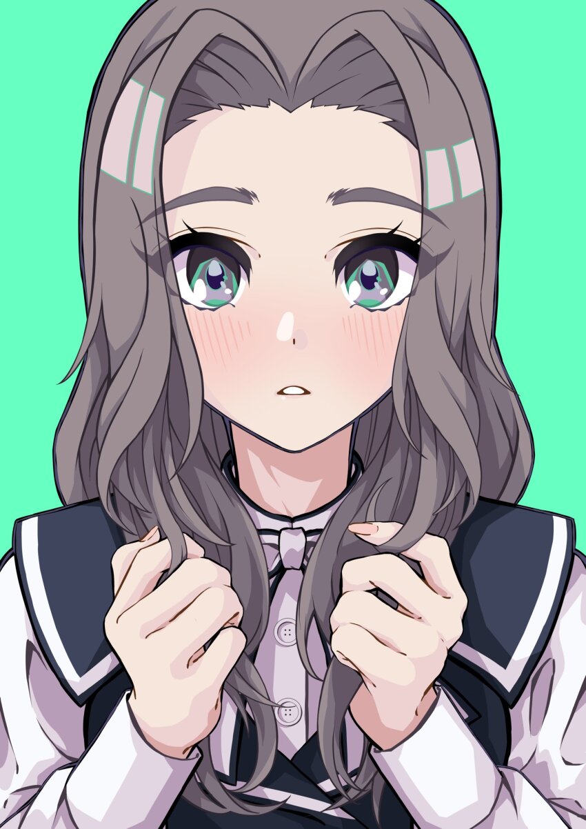 1girl 22/7 black_dress blush curtained_hair dress green_background green_eyes grey_hair highres holding holding_own_hair keisanchuu_new_costume lionmaru0808 long_hair long_sleeves looking_at_viewer neck_ribbon orihara_sumika parted_bangs parted_lips pinafore_dress pleated_dress portrait ribbon shirt shirt_under_dress simple_background sleeveless sleeveless_dress solo wavy_hair white_ribbon white_shirt