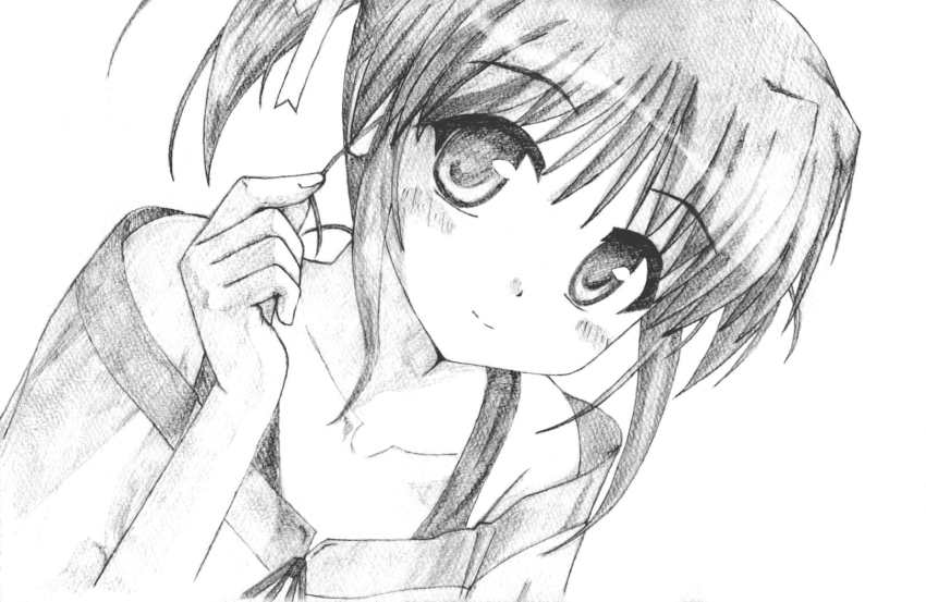 asagiri_mai bad_id bad_pixiv_id bare_shoulders blush charcoal_(medium) greyscale highres monochrome ponytail portrait ryuuryuu short_hair solo traditional_media twintails yoake_mae_yori_ruri_iro_na