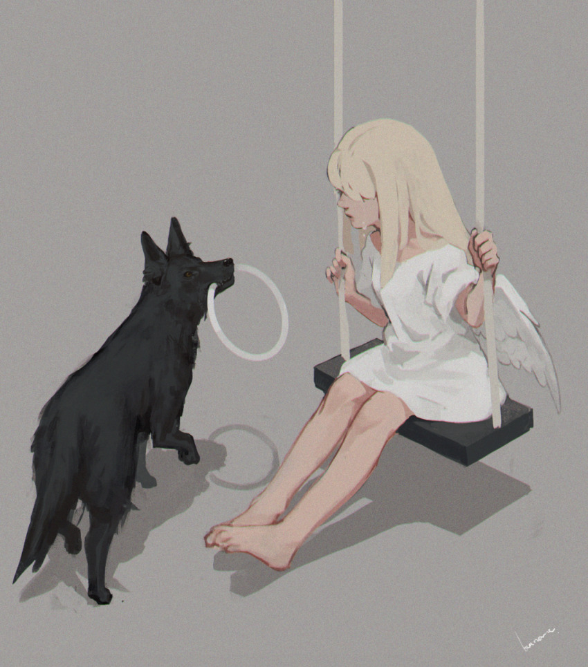 1girl angel angel_wings animal bare_legs barefoot blonde_hair breasts comforting crying dog dress full_body giving grey_background hair_over_eyes halo halo_removed hands_up highres kaname_(emanalc) long_hair looking_at_another mouth_hold on_swing original outstretched_leg short_dress short_sleeves signature simple_background small_breasts swing toe_scrunch white_dress white_wings wings