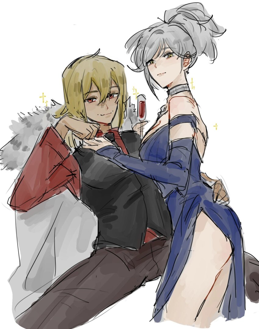 2girls bare_shoulders black_vest blonde_hair blue_dress brown_pants cape champagne_flute choker closed_mouth commentary cup dress drink drinking_glass dulinfang0503 eternity_(reverse:1999) grey_choker grey_hair hand_on_another&#039;s_face highres holding holding_drink long_hair long_sleeves looking_at_viewer multiple_girls off-shoulder_dress off_shoulder pants ponytail red_eyes red_shirt red_wings reverse:1999 shirt simple_background smile sparkle spread_legs symbol-only_commentary tennant_(reverse:1999) vest white_background white_cape wings yellow_eyes yuri