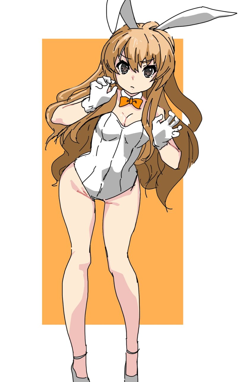 1girl aisaka_taiga animal_ear_hairband animal_ears black_eyes bow bowtie breasts brown_hair derivative_work detached_collar doublep0ints fake_animal_ears full_body gloves hairband highres leaning_forward leotard long_hair looking_at_viewer orange_background orange_bow orange_bowtie outside_border playboy_bunny rabbit_ears small_breasts solo standing strapless strapless_leotard toradora! two-tone_background white_gloves white_leotard