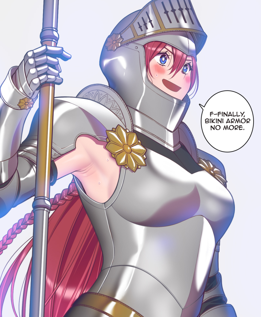 1girl andrian_januar_adilia armor armpit_crease armpits blue_eyes blush breasts commentary english_commentary english_text hair_between_eyes helm helmet highres holding holding_weapon knight long_hair looking_afar medium_breasts open_mouth original red_hair sidelocks solo speech_bubble sweat upper_body v-shaped_eyebrows weapon white_background