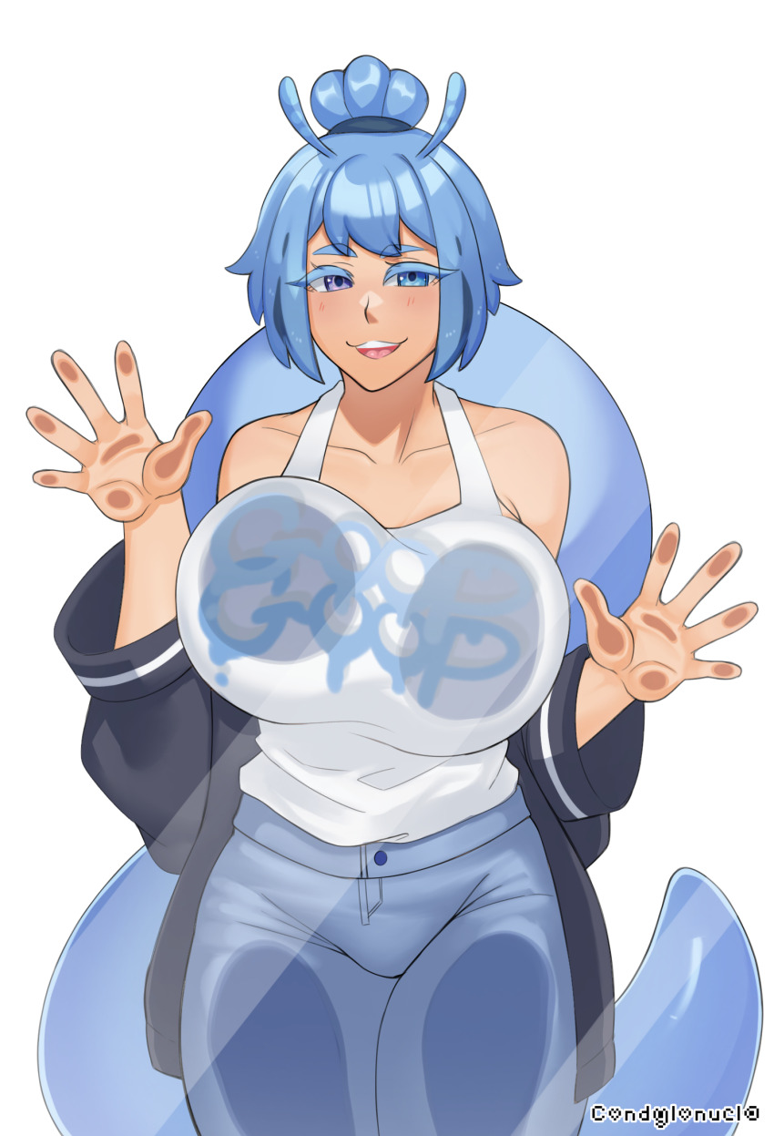 against_glass blue_hair breast_press breasts breasts_on_glass commission commissioner_upload condylonucla goop_(teuthidan) heterochromia highres large_breasts looking_at_viewer original short_hair signature smile snail_girl tail tank_top