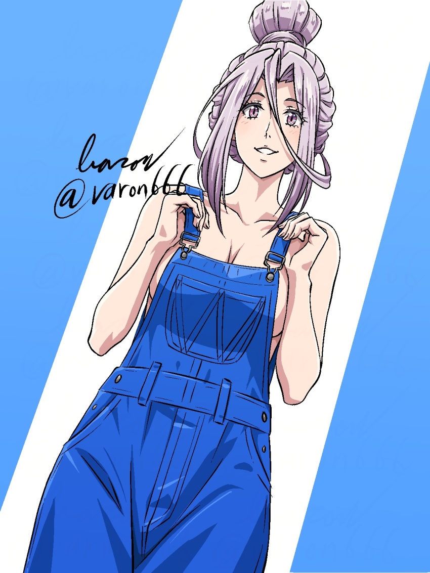 1girl baron_(varon666) breasts cleavage fuuto_tantei hair_up highres kamen_rider large_breasts overalls purple_eyes purple_hair sideboob smile solo tokime_(fuuto_tantei) varon