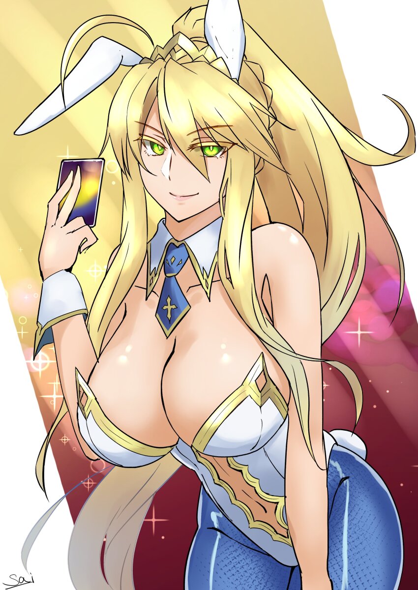 1girl absurdres ahoge animal_ears artoria_pendragon_(fate) artoria_pendragon_(swimsuit_ruler)_(fate) artoria_pendragon_(swimsuit_ruler)_(first_ascension)_(fate) bare_shoulders blonde_hair blue_pantyhose braid breasts card cleavage clothing_cutout detached_collar fate/grand_order fate_(series) fishnet_pantyhose fishnets green_eyes hair_between_eyes highleg highleg_leotard highres large_breasts leotard long_hair looking_at_viewer navel navel_cutout necktie pantyhose playboy_bunny playing_card ponytail rabbit_ears rabbit_tail s4ika sidelocks smile solo tail thighs tiara white_leotard wrist_cuffs