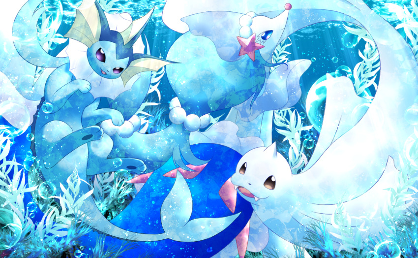 animal_focus blue_eyes blue_hair brown_eyes bubble dewgong fangs fins gen_1_pokemon gen_7_pokemon hat long_hair looking_at_viewer maiko_(mimi) nintendo no_humans open_mouth pokemon pokemon_(creature) primarina purple_eyes smile spikes starfish starfish_hair_ornament swimming underwater vaporeon very_long_hair water
